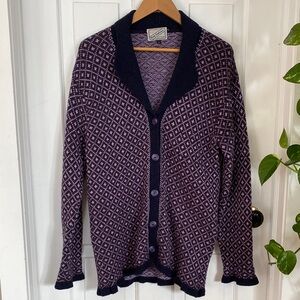 Irish Wool Cardigan Sweater Argyle Collared Ruffle Hem Purple Navy Lightweight